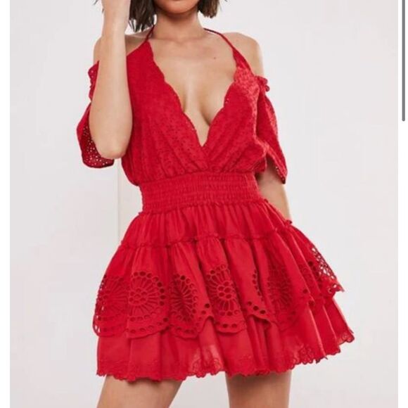 Red Broderie Bardot Frill Skater Dress - Picture 1 of 6